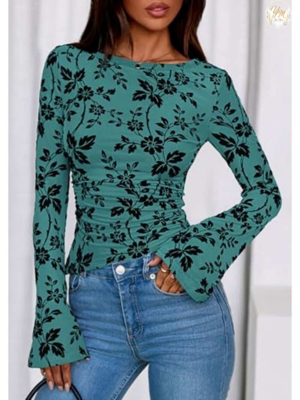 Women's Floral Mesh Boho Bell Sleeve Blouse Boat Neck Ruched Top - Picture 5 of 6